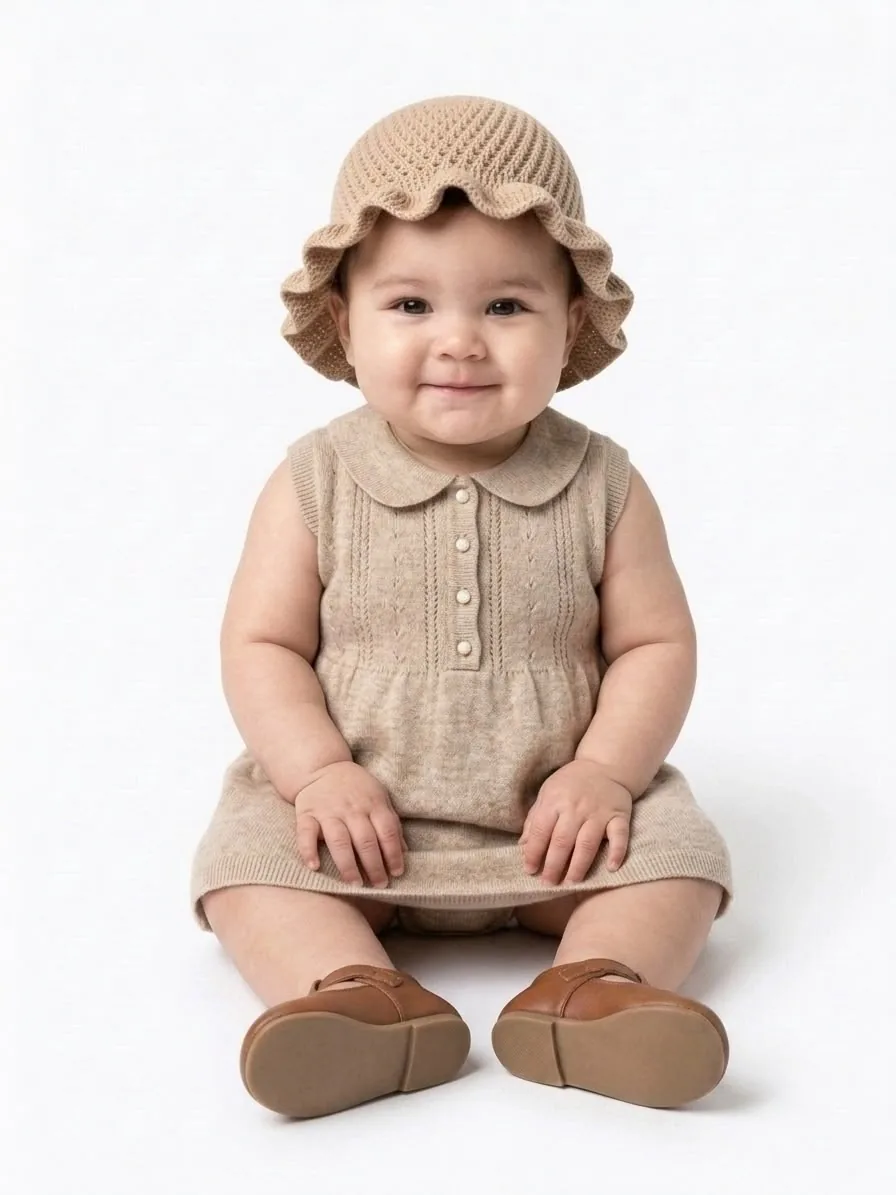 Bayi memakai topi rajut krim