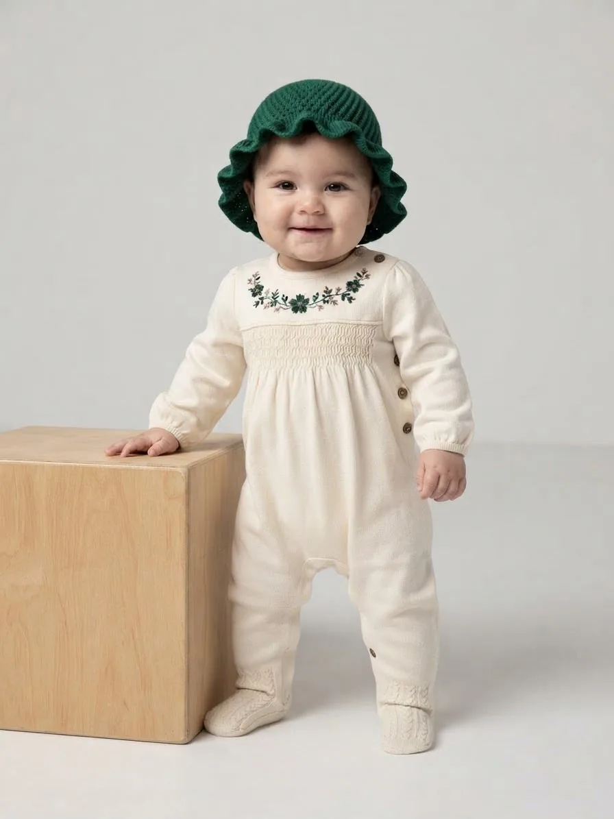 Bayi berdiri memakai topi rajut hijau