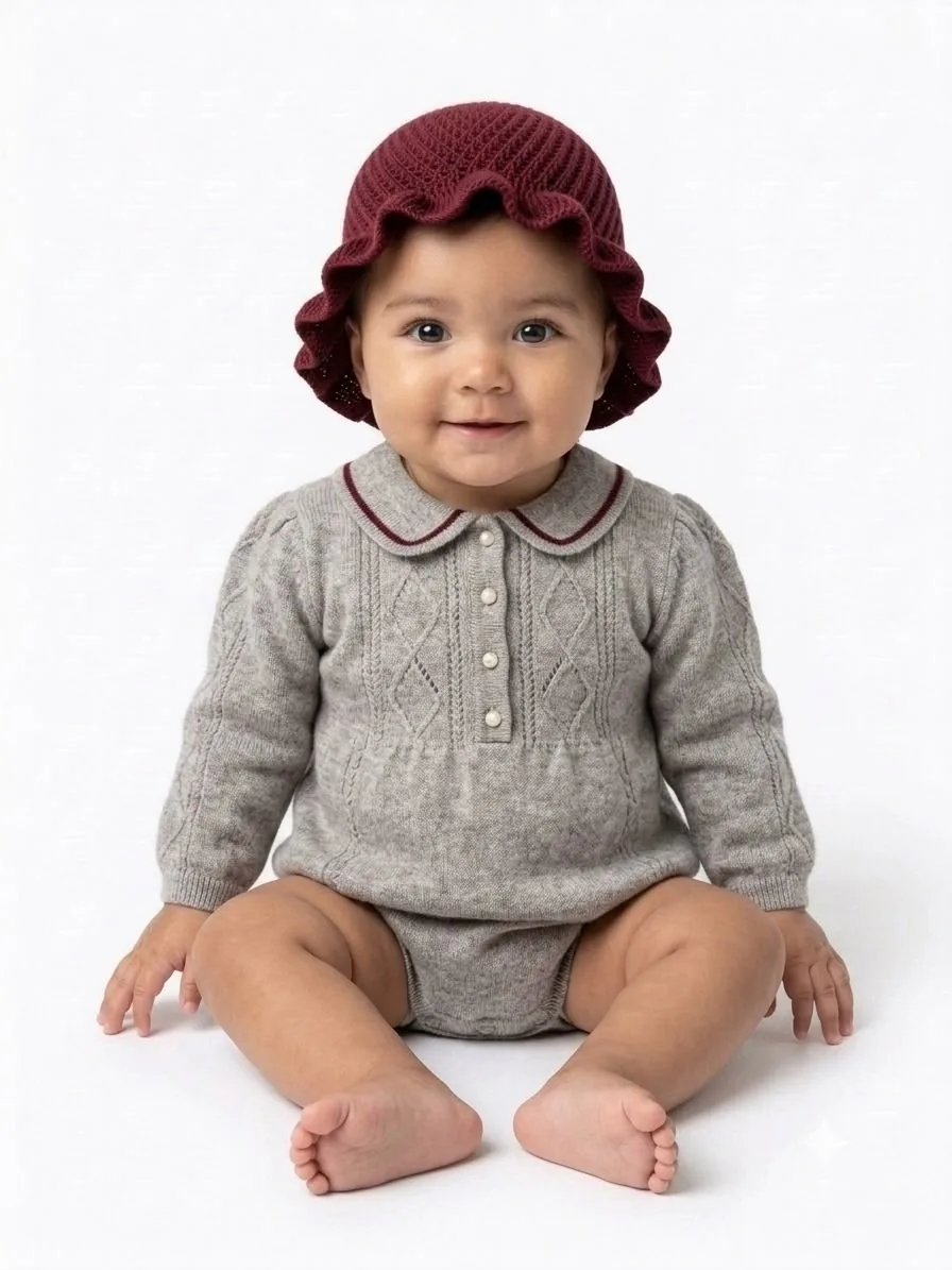 Bayi memakai topi rajut maroon