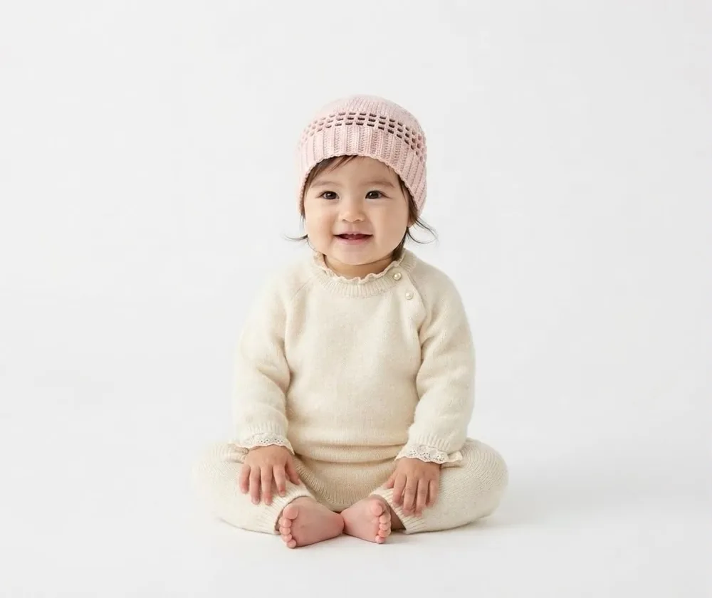 Bayi memakai topi rajut pink