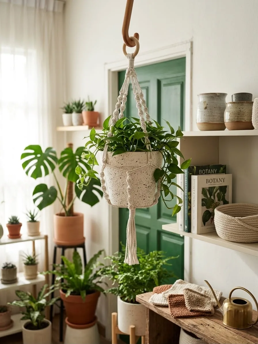 Plant hanger crochet menggantung pasu di ruang tamu