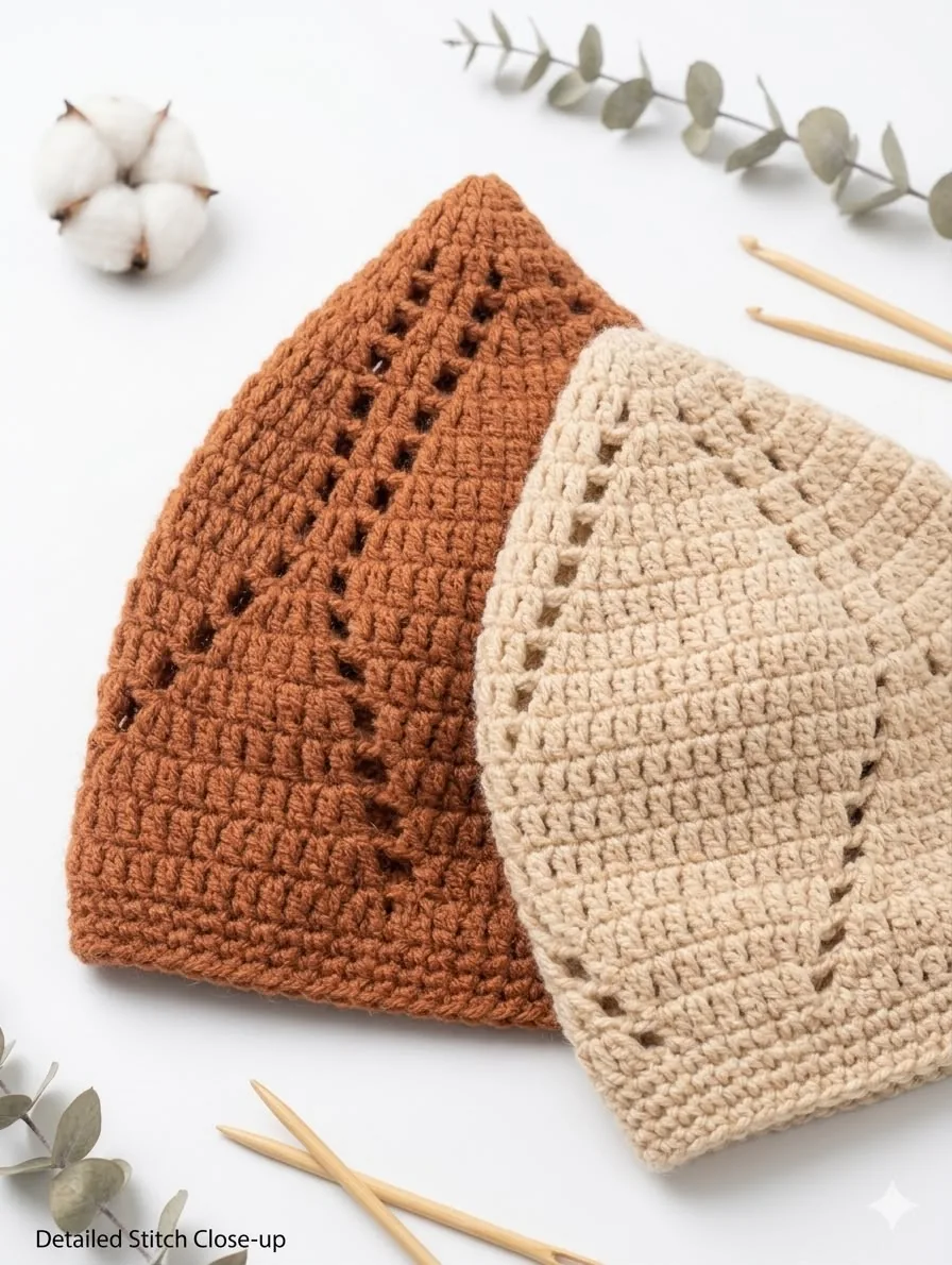 Dua kufi crochet coklat dan krim, flat lay