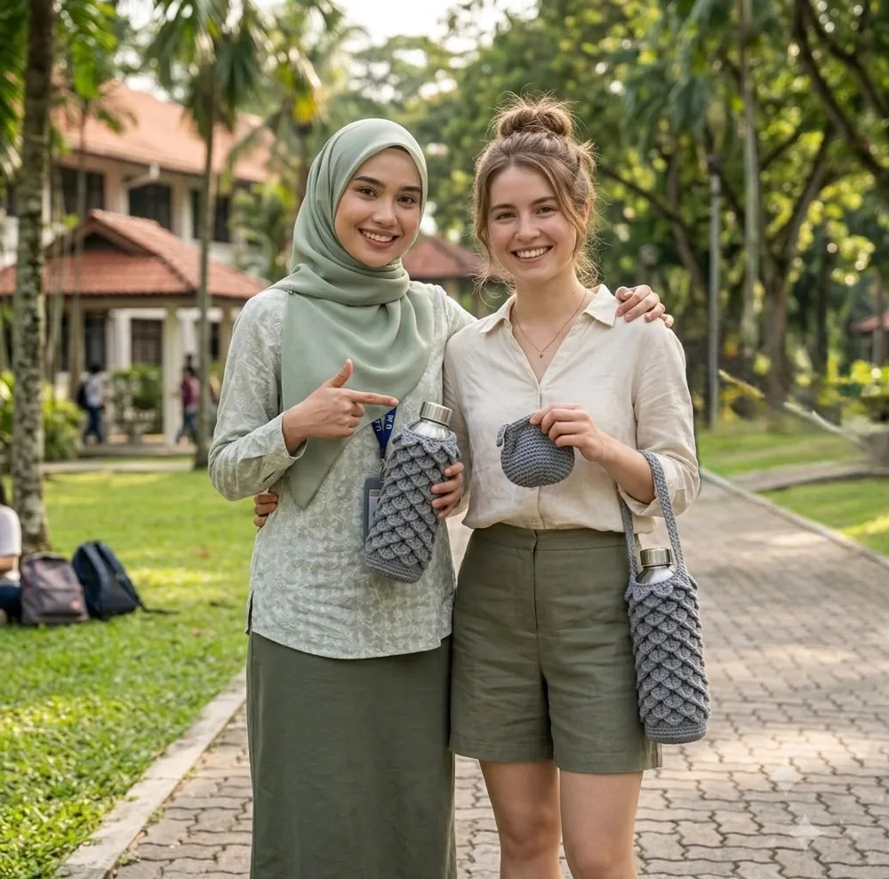 Dua wanita di taman dengan sling botol crochet