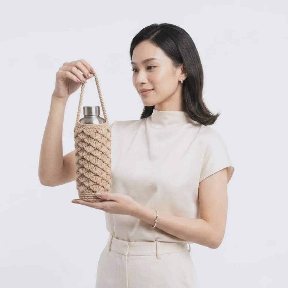 Model memegang sling botol beige
