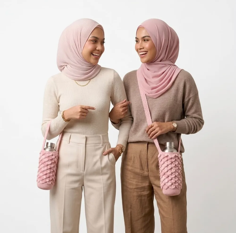 Dua model dengan sling botol pink
