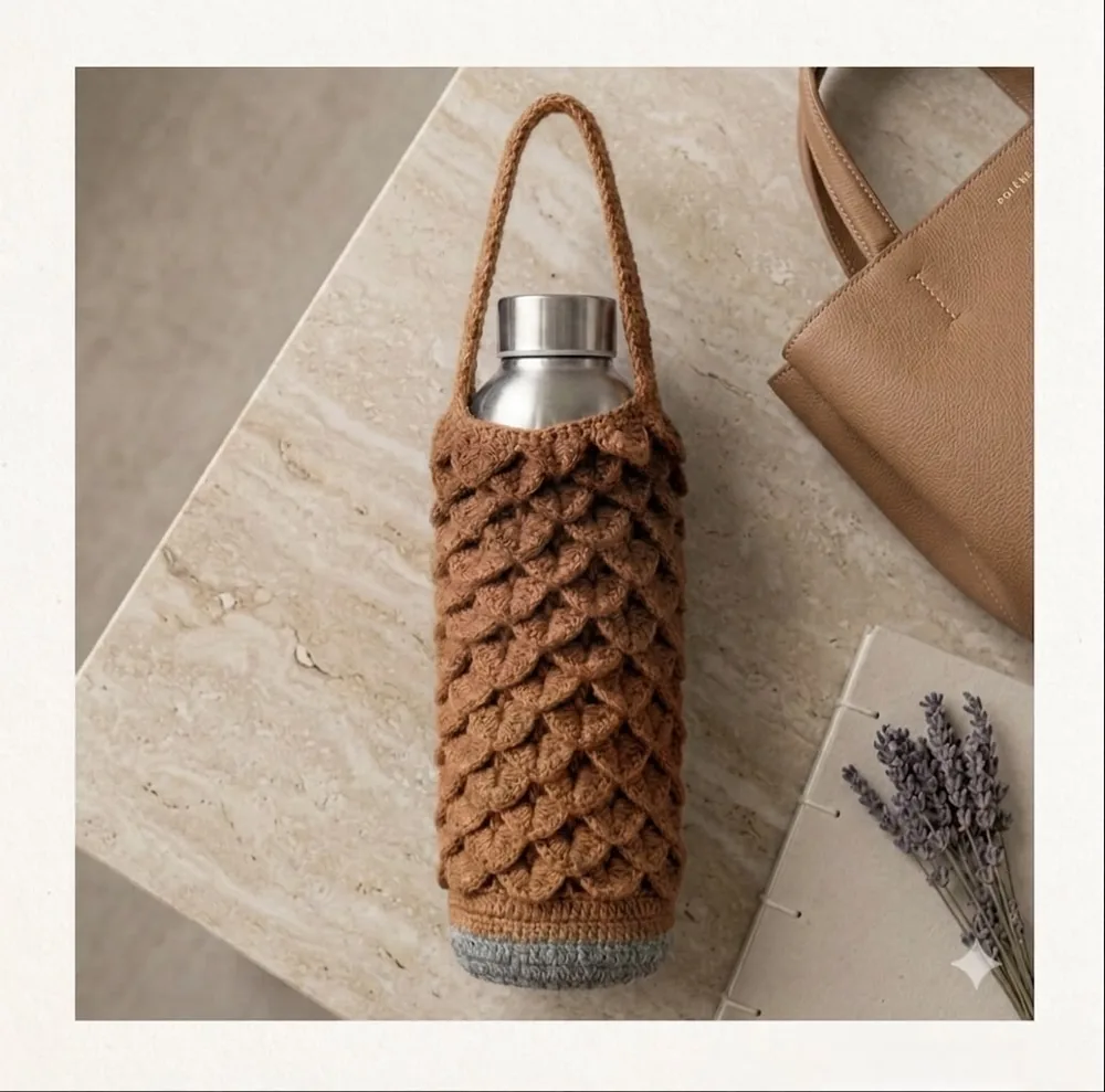 Sling botol crochet coklat corak sisik, flat lay