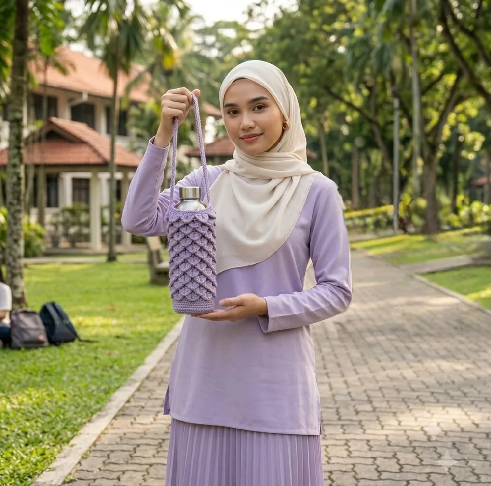 Model berbaju purple menyandang sling botol lavender di luar