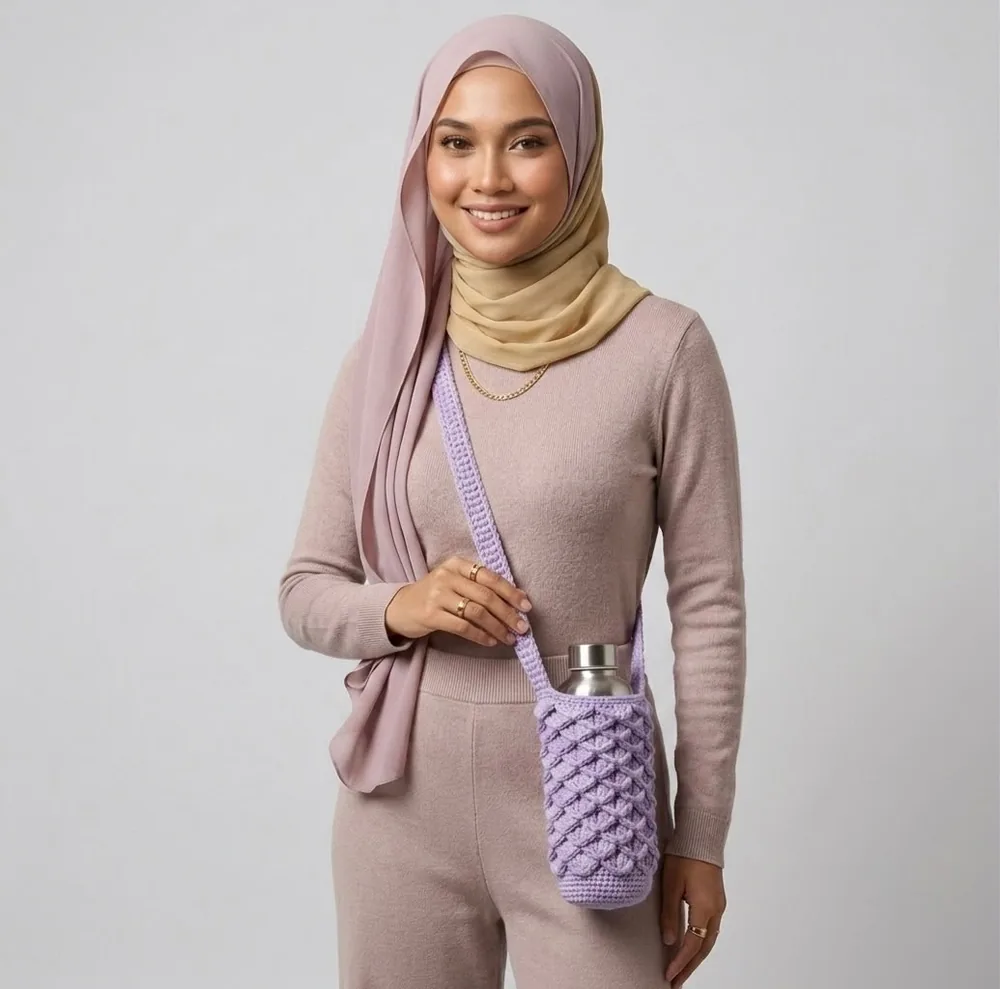 Model menyandang sling botol lilac
