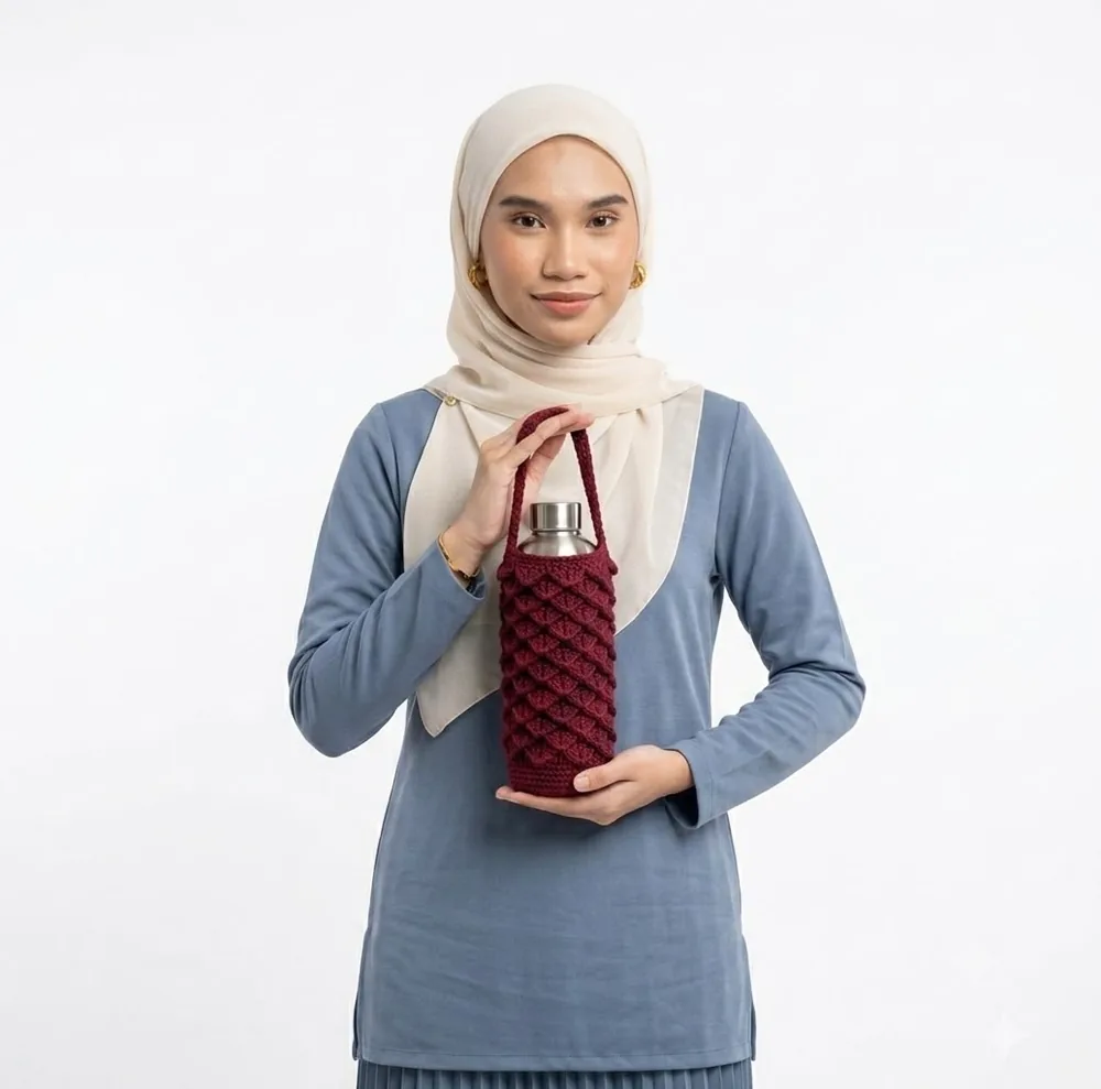Model memegang sling botol crochet maroon