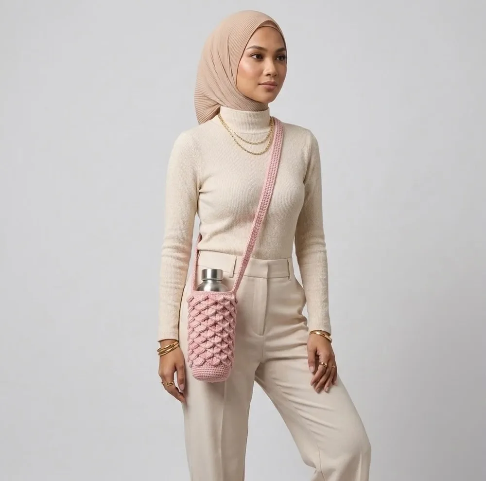 Model dengan sling botol pink dan pakaian beige