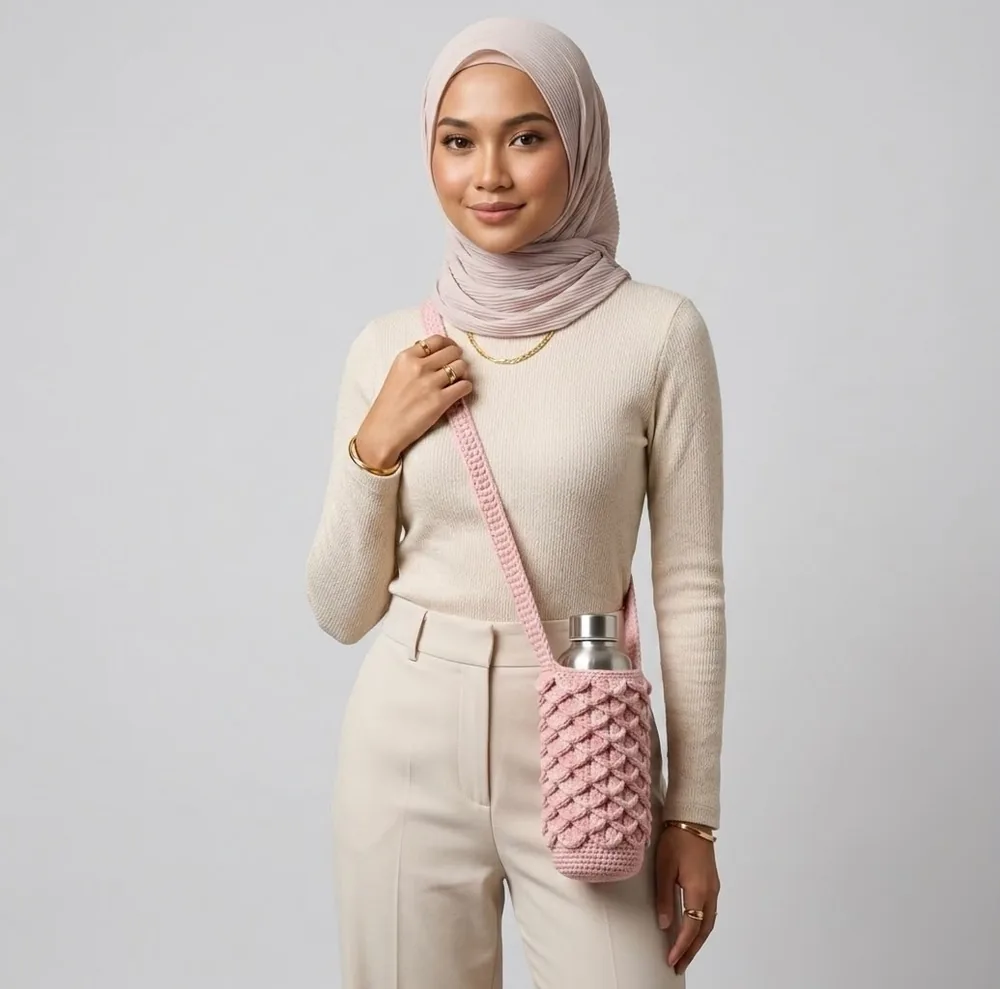Model bertudung krim menyandang sling botol pink