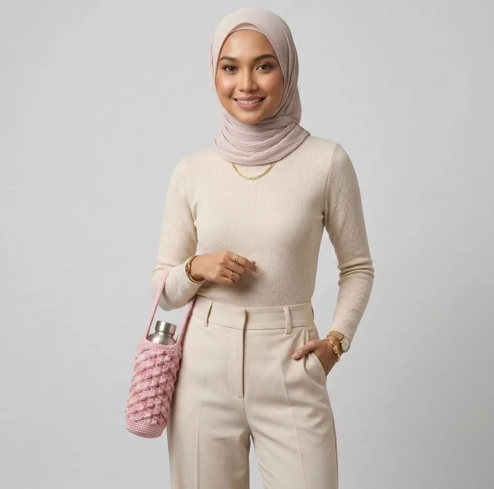 Model studio dengan sling botol pink