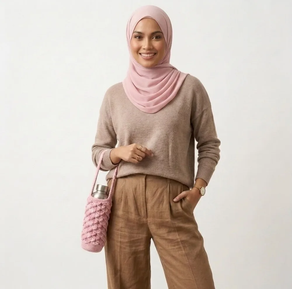 Model dengan sling botol pink dan seluar tan