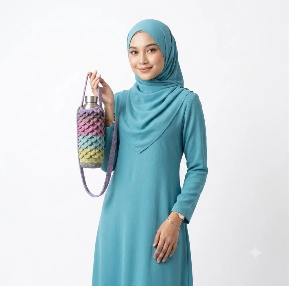 Model berbaju teal dengan sling botol pelangi
