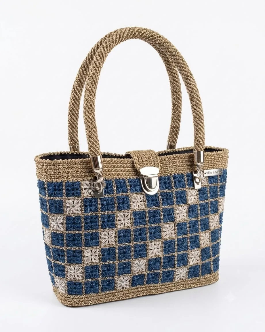 Beg tote crochet corak checker biru dan krim