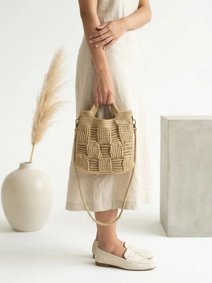 Wanita berpakaian krim membawa beg tote crochet
