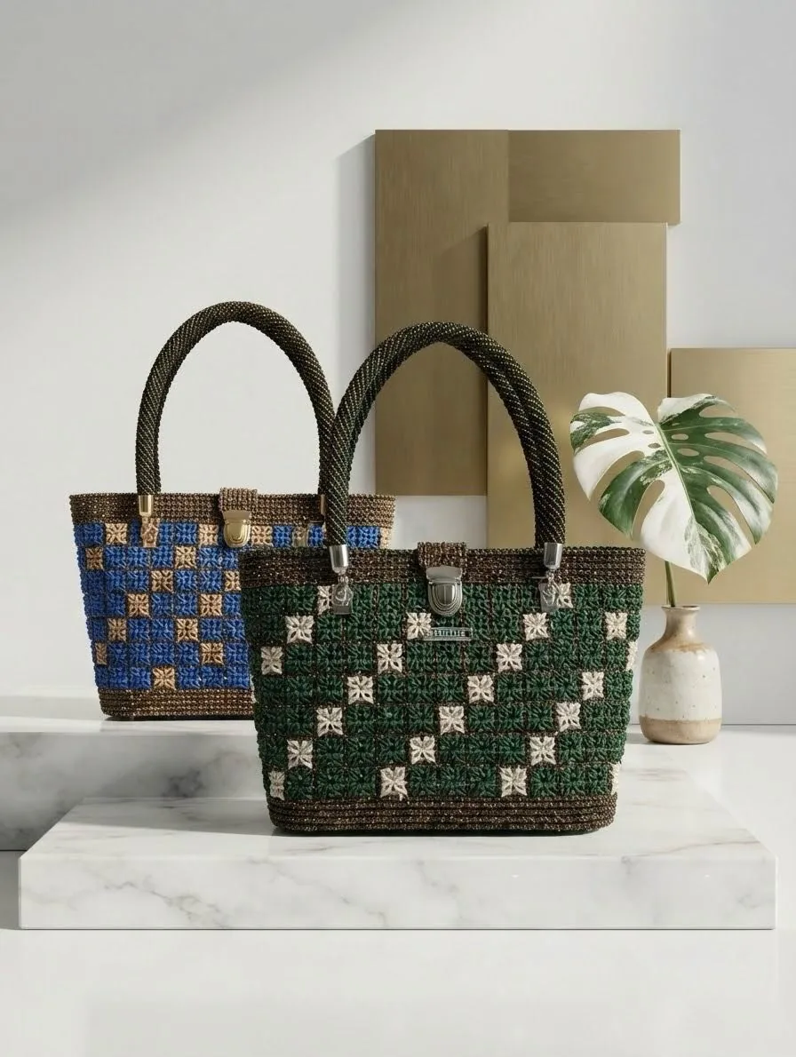 Dua beg tote crochet checker biru dan hijau